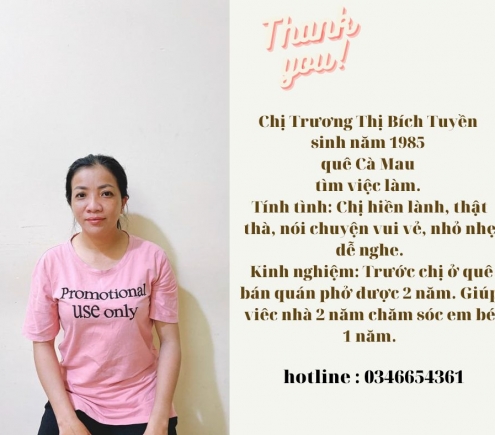 Chị Trương Thị Bích Tuyền sinh năm 1985 quê Cà Mau  0346654361